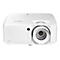 Un projecteur blanc avec le logo Optoma. L'objectif est entouré d'un anneau blanc. Inscription : Designed for Sustainability.
