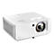 Projecteur Optoma blanc, vue de côté. Une lentille et des commandes sont visibles.