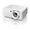 Projecteur Optoma blanc, gros plan sur une surface brillante. L'objectif est mis au point.