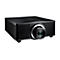 Schwarzer Projektor mit Optoma-Logo, Objektiv und Lüftungsschlitzen. Steht auf weißem Hintergrund.