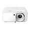 Projecteur Optoma blanc, vue de face, lentille mise au point, sur fond blanc.