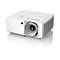 Projecteur Optoma blanc, lentille, grille de ventilation, sur une surface brillante.