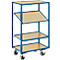 Blue serving cart with 3 wooden shelves on wheels. The second shelf is angled. The cart is in front of a white background.