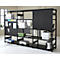 Black shelving unit with files, documents and notes. Office environment.