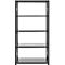 Black shelving unit with five levels, against a white background. Metal structure, simple design, for storage.