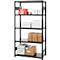 Black shelving unit with various items. On the shelves are boxes, printers, and packages.
