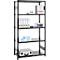 Black shelving unit with binders, stapler, paper, and briefcase. On a neutral background.