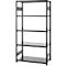 Black, free-standing shelf with five levels. Frame and shelves are made of metal.