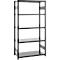 Black metal shelving unit with five levels. Ideal for storage and organization.