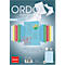 Advertising leaflet for Ordo paper. Sheets of paper float on a blue background. Various colored folders and paper sheets are lined up.