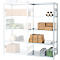 Metalen stellingkast met diverse items zoals dozen, gereedschapskisten en papierrollen.