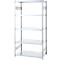 A silver shelving unit with five levels. The structure is made of metal, with rectangular posts and perforated side struts.