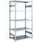 Gray metal shelf with five shelves, on a white background.
