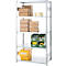 Metal shelf with products. Cardboard boxes, tape, containers and rolls are stored on the shelves.