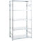 Metal shelving unit with five white shelves against a white background. The frames are silver.