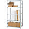 Shelf with warehouse goods, paper rolls, cardboard boxes. Metal shelf with grey shelves, filled with various packaging materials.