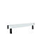 A silver metal beam with black legs stands against a white background.
