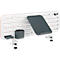 Gadget de bureau blanc fixé au bord du bureau avec étagère pour tablette, porte-stylo et support pour smartphone.