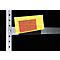Yellow and red paper with handwritten notes lies on a gray metal construction.