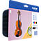 Ink cartridge packaging with a violin and a green clock on a pink background, with "brother" logo.