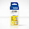 Eine gelbe Brother Tintenpatrone BT D180y. Aufgedruckte Informationen: Brother, Gelb, Tank Benefit. Im Vordergrund eine kleine Flasche mit gelber Tinte.