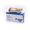 A Brother TN-2210 toner cartridge rests on its packaging. The cartridge is orange and black, the packaging white and blue.