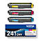 Three toner cartridges in yellow, magenta and cyan, and a blue Brother package with the inscription CMY 241.
