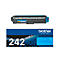 Brother Toner TN242C in Cyan mit passender Originalverpackung vor weißem Hintergrund.