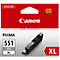 A Canon ink cartridge 551 GY XL in gray packaging, red base color, with lettering.
