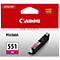 Canon ink cartridge 551 M. Black cartridge, pink print, in front of a red background with white "Canon" lettering.