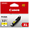Yellow Canon ink cartridge 551 Y XL on red background. Printed inscriptions: Genuine, Canon, Pixma.