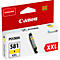Yellow Canon ink cartridge with black housing. Printed: '581 Y XXL'. Red and white packaging with Canon logo.