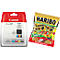 Canon ink cartridge and Haribo Goldbears packet. Both items are shown on a white background.