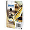 Black ink cartridge by Epson. Inscription: Black 16XL. Also depicted is a feather.