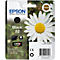 Black Epson ink cartridge No. 18, in front of daisies. Text: Epson, Black 18, Claria Home Ink. Product information and barcode.