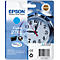 An Epson cyan ink cartridge with a clock in the background and product information.