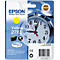 Packaging of a yellow Epson 27XL ink cartridge. A clock face is visible in the background.