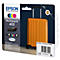 An Epson ink cartridge multipack package with the image of an orange suitcase picking up on the theme of travel.