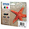 Epson ink cartridge multipack 603 with a red starfish decoration on sand. Pack with black, blue, yellow and pink ink.