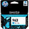 HP ink cartridge, 963, cyan. Black background with logo and product information. Turquoise butterflies at the bottom.