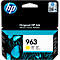 Yellow HP ink cartridge with the number 963, surrounded by a blue background and butterflies.
