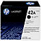 Black HP LaserJet 42A print cartridge, with logos and product details on the box.