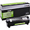Black Lexmark toner cartridge and packaging. Cartridge with green lever, packaging printed with "502H".