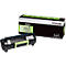 Black Lexmark toner cartridge and packaging. The cartridge is black with a green handle, the packaging black with a green logo.