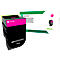 Magenta toner cartridge from Lexmark. Black container with pink element and lettering. Another image on the packaging.
