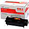 Black toner cartridge with orange elements in front of the packaging. The packaging says "OKI" and further information.