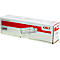 A white box with a red line and the OKI logo. On the box, there is an outline of a toner cartridge.