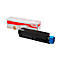A black OKI toner cartridge with blue accessories, next to the packaging, on a white background.