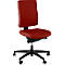 Red office chair on castors, black frame, ergonomically shaped.