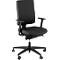 Black office chair, ergonomically shaped, with armrests and castors. Backrest and seat made of padded fabric.